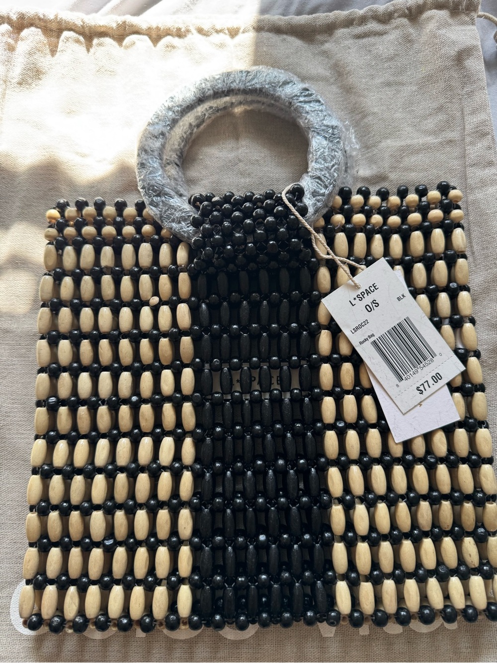l*space Black and Natural Beaded Mini Tote with Round Handles